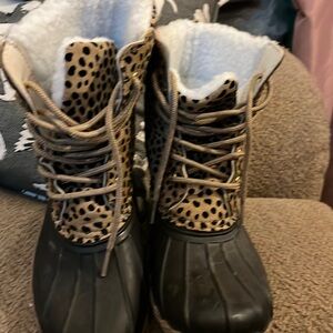 Animal print duck boots